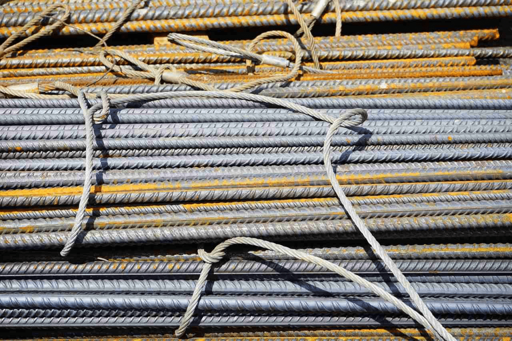 steel rebar rods bundled together with ropes